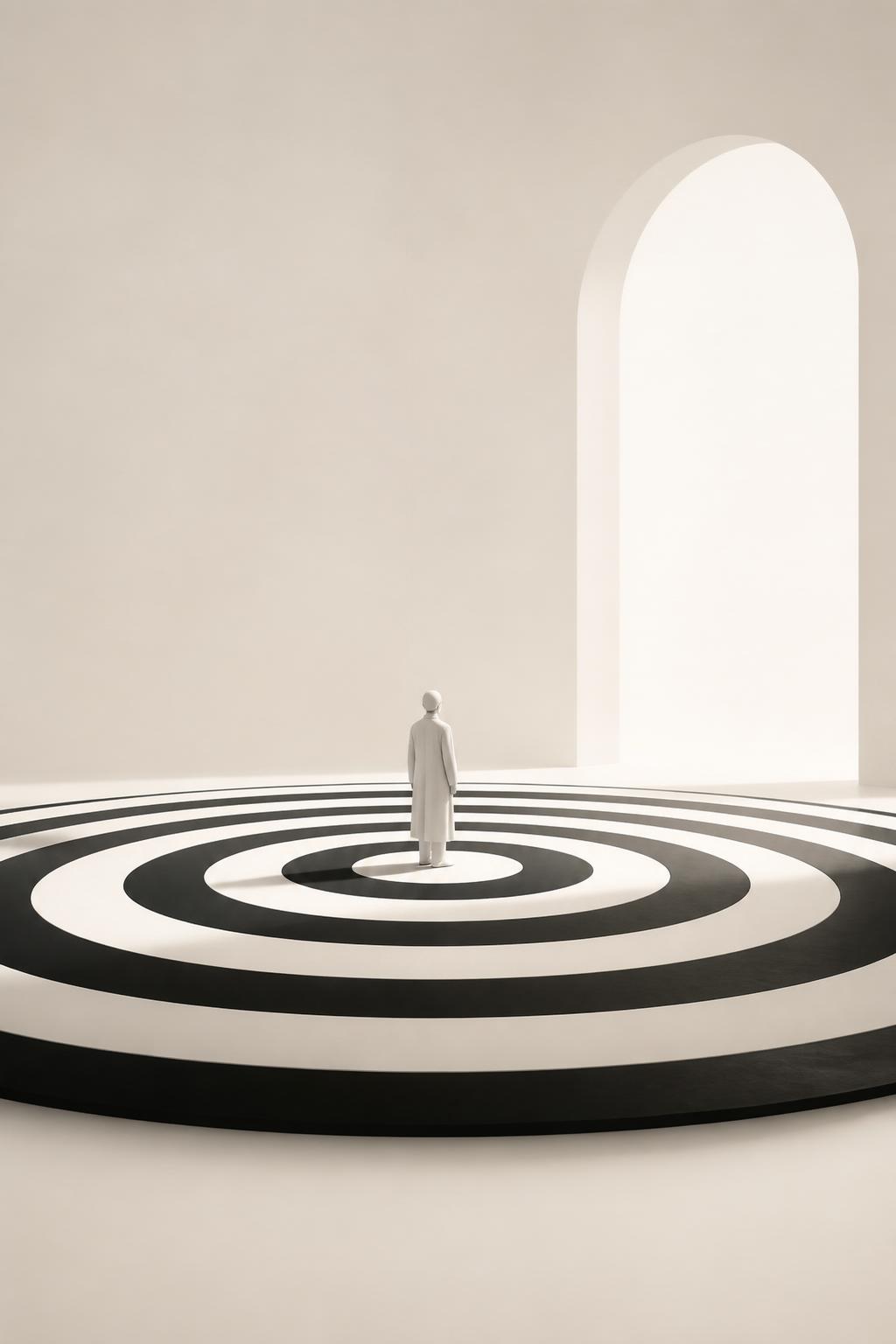 A solitary figure standing on concentric rings
