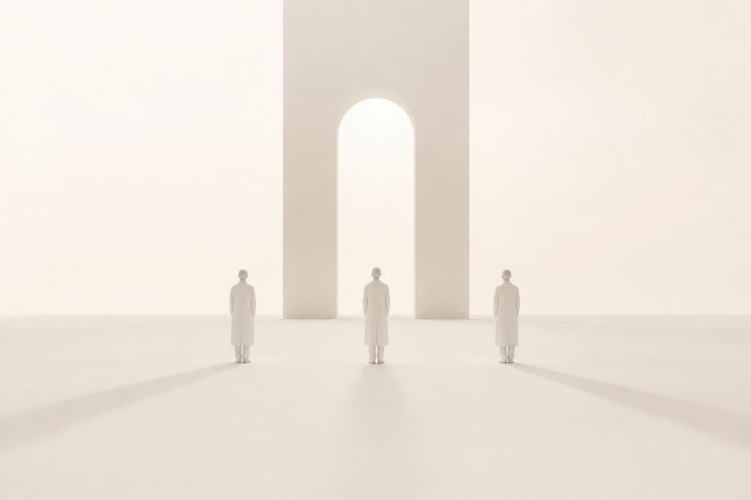 Three figures in a luminous open space